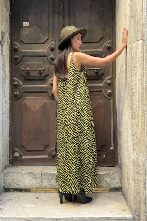 Women's Oil Green Floss Satin Printed Long Dress - First Angels - Globality Store - Women Clothes Wholesale Turkey