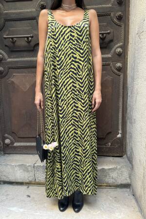 Women's Oil Green Floss Satin Printed Long Dress - First Angels - Globality Store - Women Clothes Wholesale Turkey
