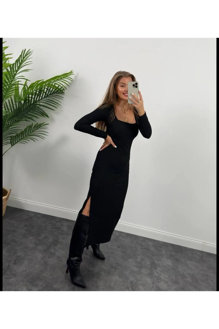 Ottoman Fabric Square Neck Long SleeveDress