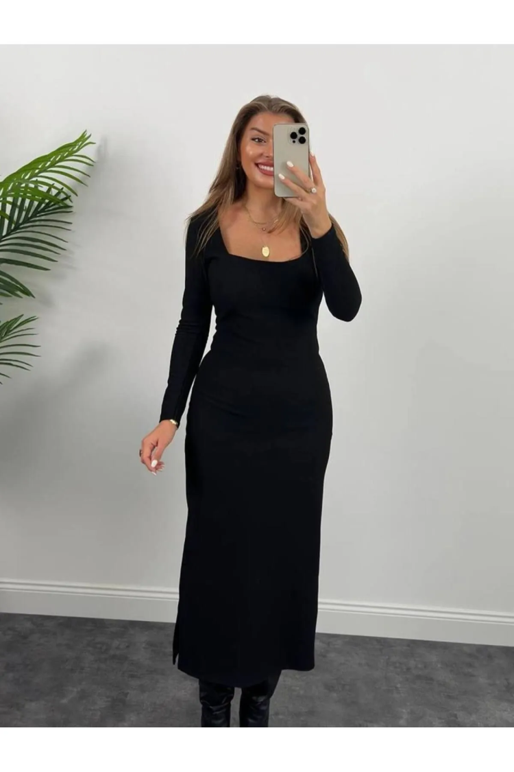 Ottoman Fabric Square Neck Long SleeveDress