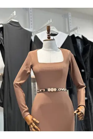 Ottoman Fabric Square Neck Long Sleeve Dress - Fiori - Globality Store - Women Clothes Wholesale Turkey