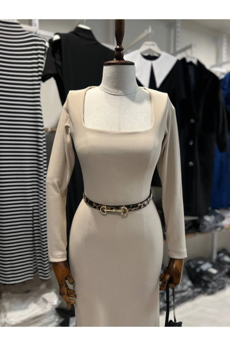 Ottoman Fabric Square Neck Long Sleeve Black Dress