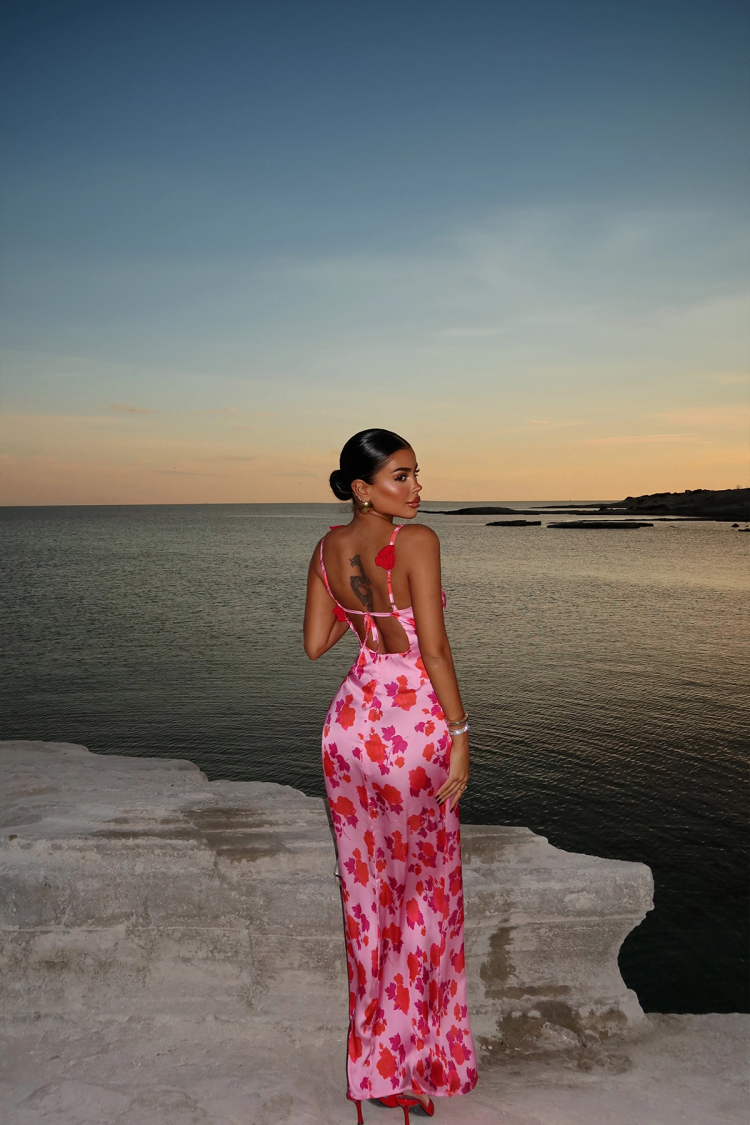 Pink Rose Detailed Strap Dress