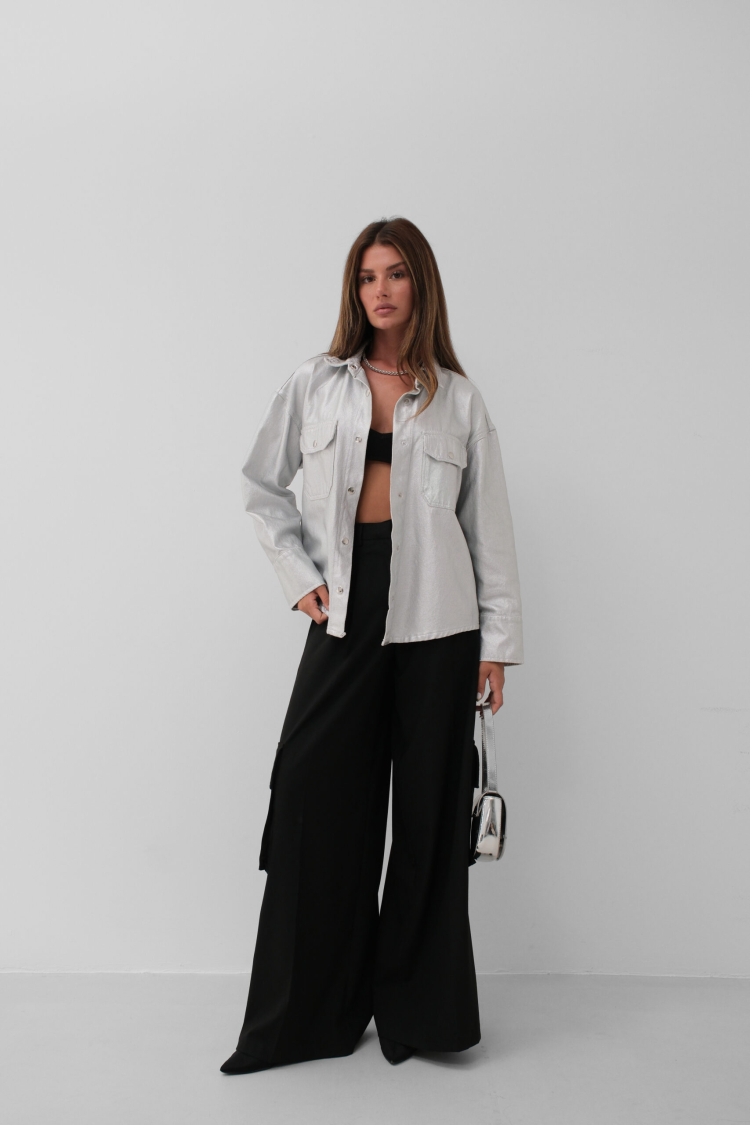 Metallic Denim Jacket - Gray - Black Fashion - Globality Store - Women Clothes Wholesale Turkey
