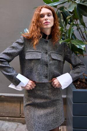 Herringbone Pattern Cuffed Crop Jacket Black - Juste - Globality Store - Women Clothes Wholesale Turkey