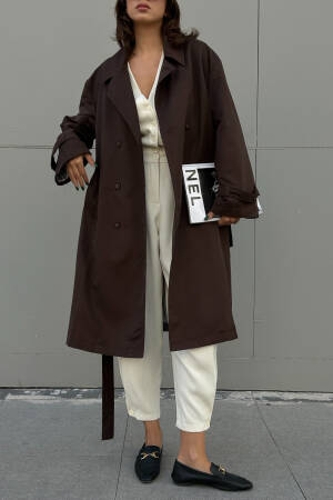 Coffee Lined Striped Patterned Oversize Trench Coat 28119 - First Angels - Globality Store - Women Clothes Wholesale Turkey