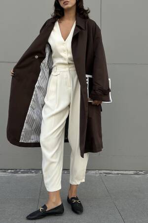 Coffee Lined Striped Patterned Oversize Trench Coat 28119 - First Angels - Globality Store - Women Clothes Wholesale Turkey