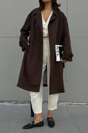 Coffee Lined Striped Patterned Oversize Trench Coat 28119 - First Angels - Globality Store - Women Clothes Wholesale Turkey