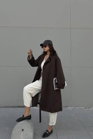 Coffee Lined Striped Patterned Oversize Trench Coat 28119 - First Angels - Globality Store - Women Clothes Wholesale Turkey