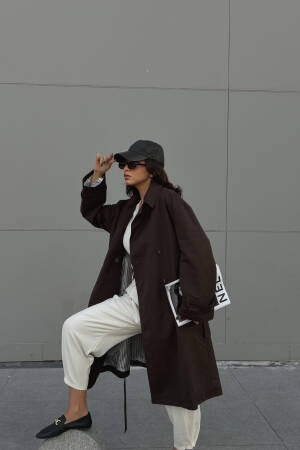Coffee Lined Striped Patterned Oversize Trench Coat 28119 - First Angels - Globality Store - Women Clothes Wholesale Turkey