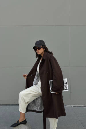 Coffee Lined Striped Patterned Oversize Trench Coat 28119 - First Angels - Globality Store - Women Clothes Wholesale Turkey