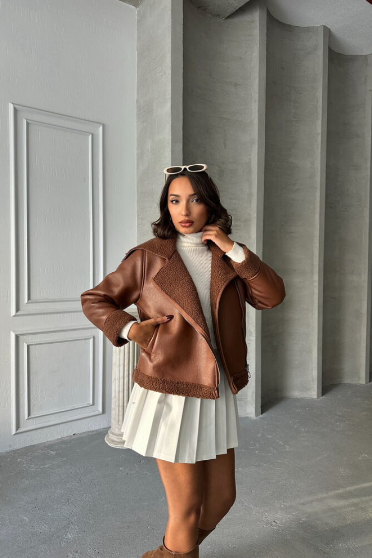 Zippered Leather Jacket- Tan