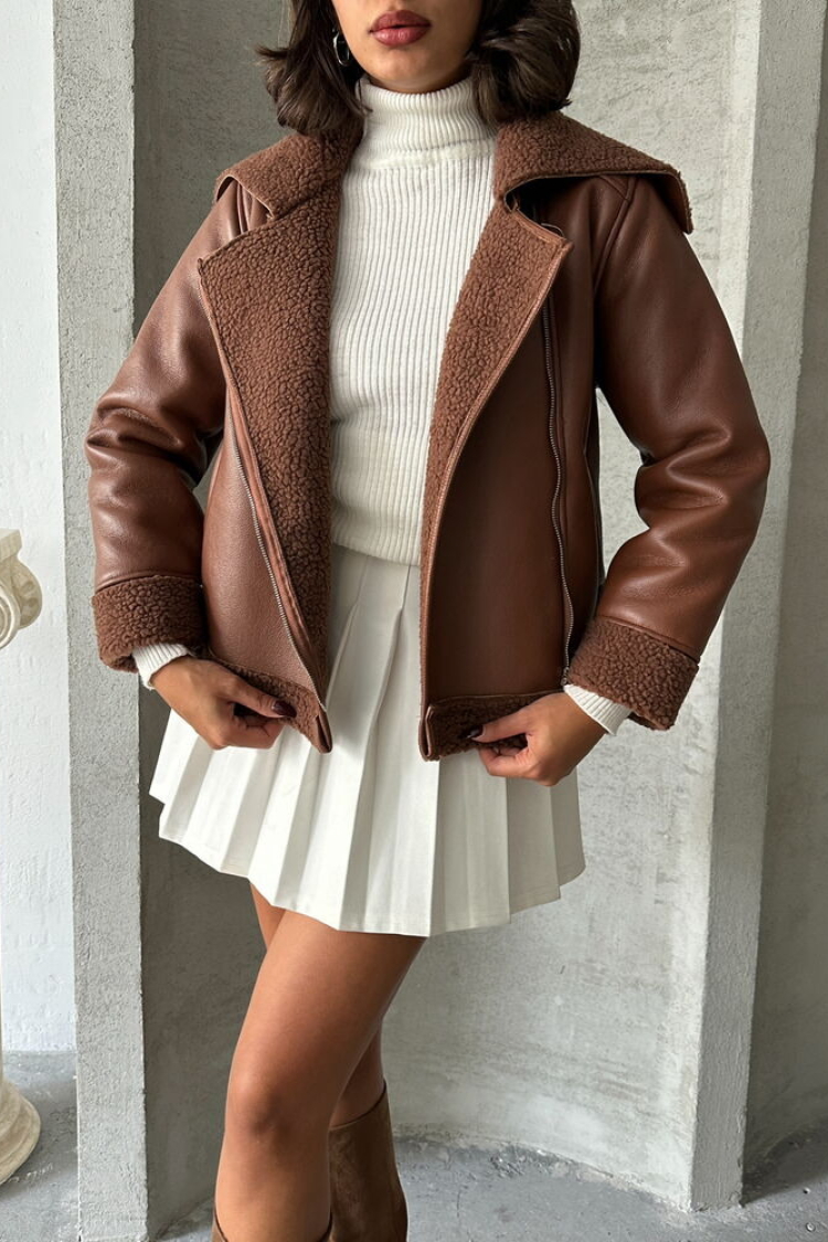 Zippered Leather Jacket- Tan