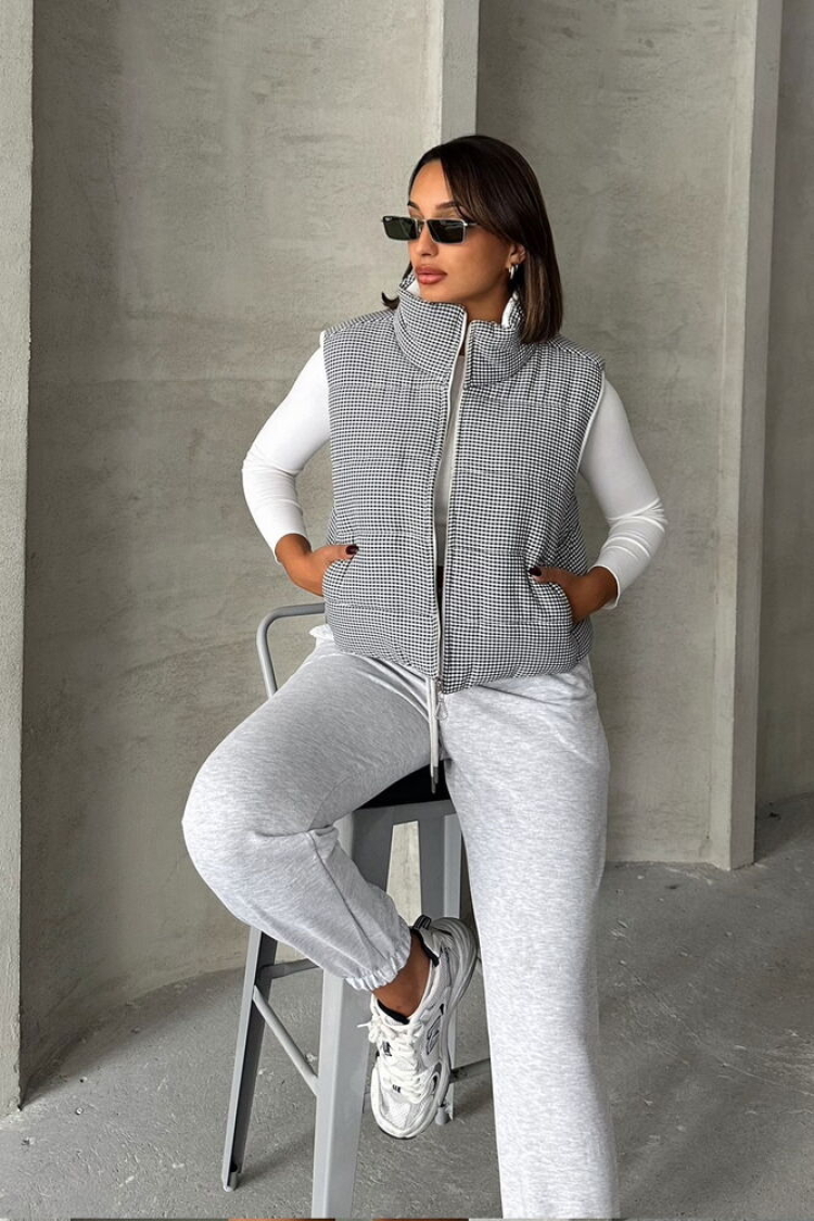 Houndstooth Patterned Fiber Puffer Vest - Topshow - Globality Store - Women Clothes Wholesale Turkey