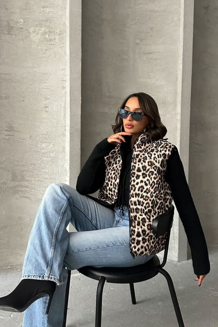 Leopard Patterned Quilted Vest - Topshow - Globality Store - Women Clothes Wholesale Turkey