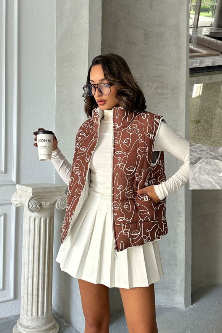 Coffee Mixed Print Patterned Fiber Inflatable Wholesale Vest - Topshow - Globality Store - Women Clothes Wholesale Turkey
