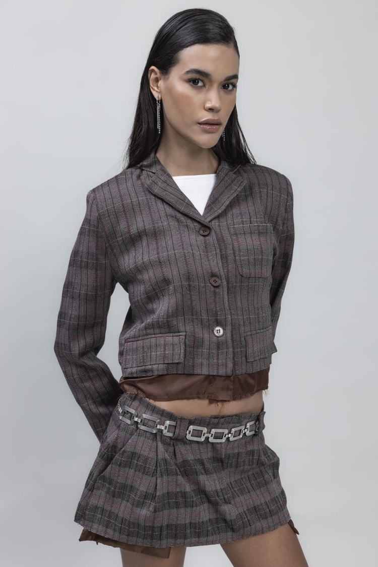 Crop Blazer Jacket - Brown - BSL - Globality Store - Women Clothes Wholesale Turkey