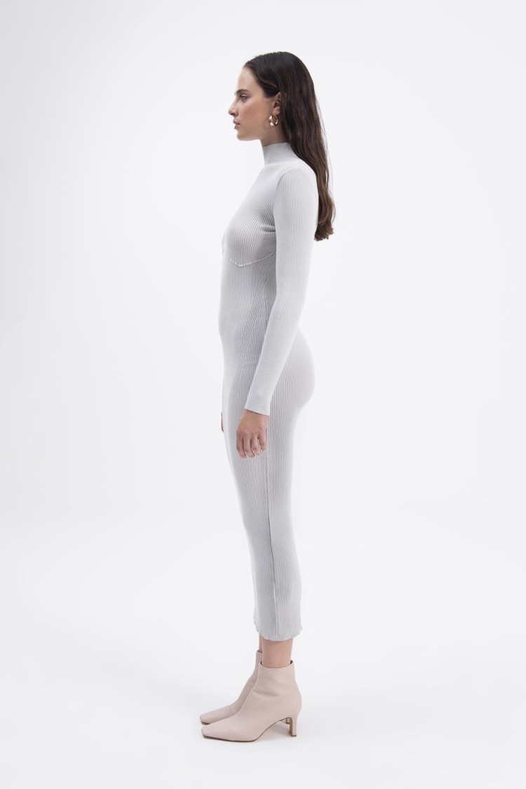 High Collar Knitted Pencil Dress - Gray
