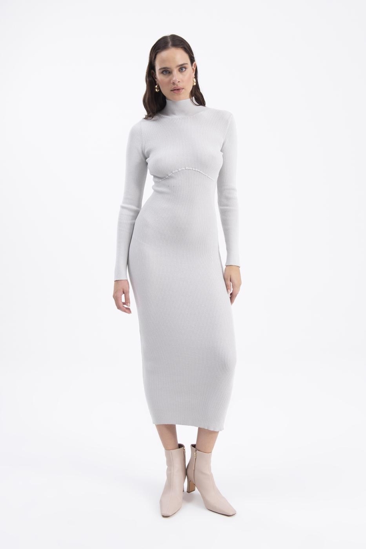 High Collar Knitted Pencil Dress - Gray