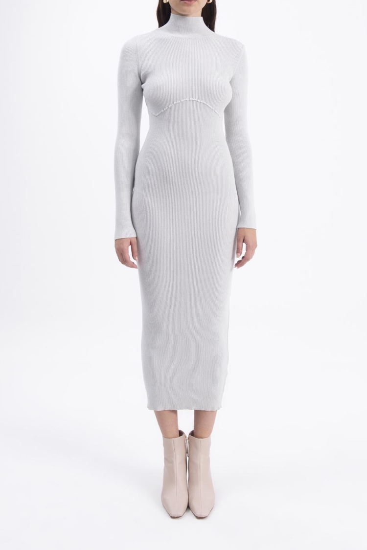 High Collar Knitted Pencil Dress - Gray