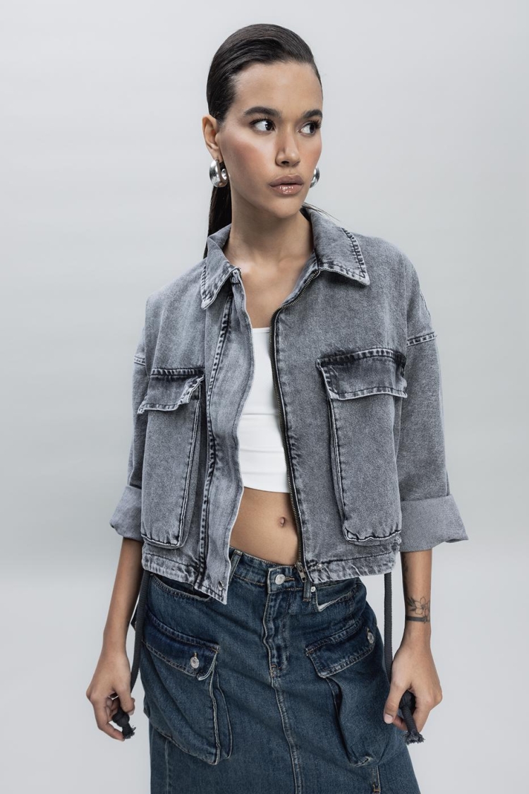 Bat Sleeve Denim Jacket - Anthracite