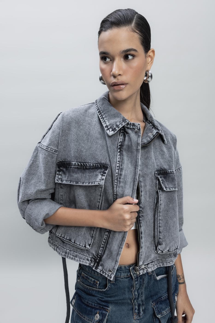 Bat Sleeve Denim Jacket - Anthracite - BSL - Globality Store - Women Clothes Wholesale Turkey