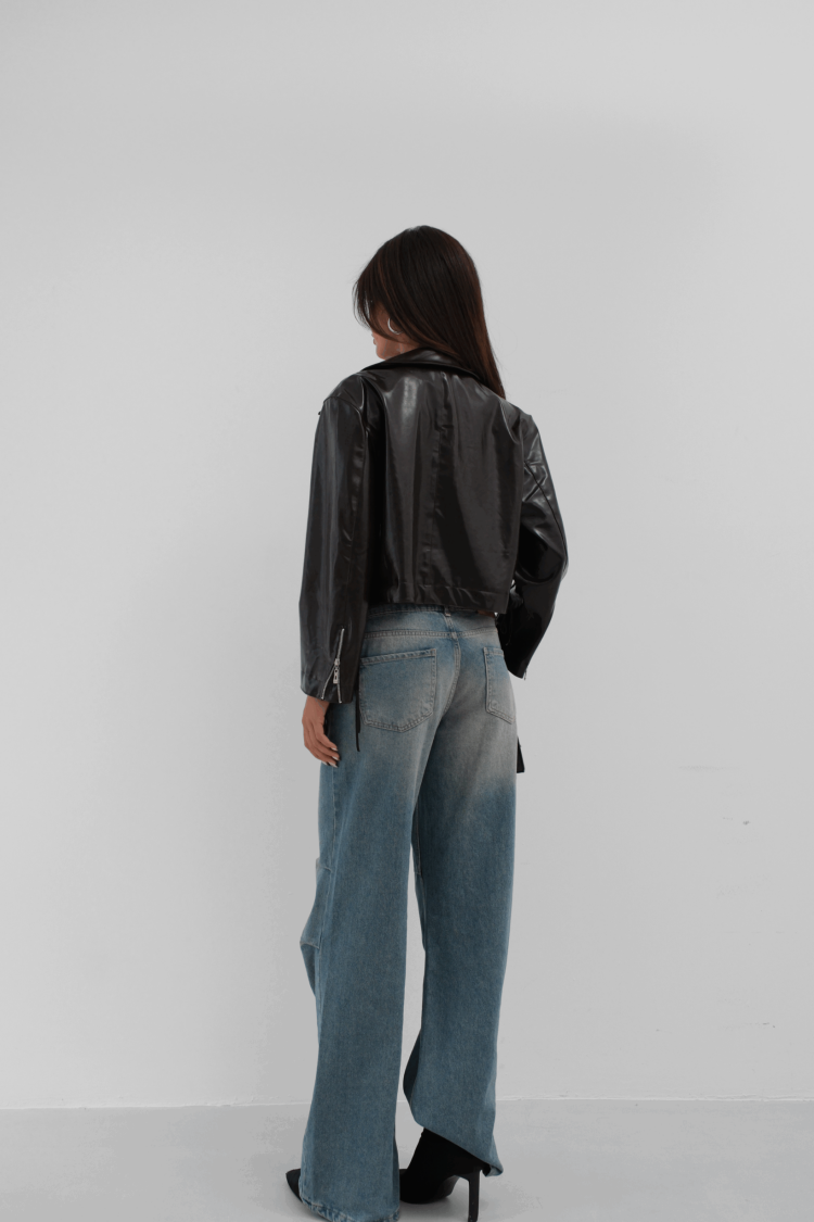 Zipper Detail Shiny Leather Jacket - Brown