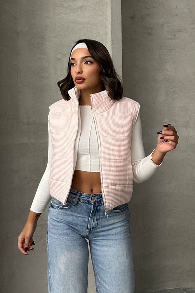 Gingham Pattern Fiber Puffer Vest - Light - Topshow - Globality Store - Women Clothes Wholesale Turkey