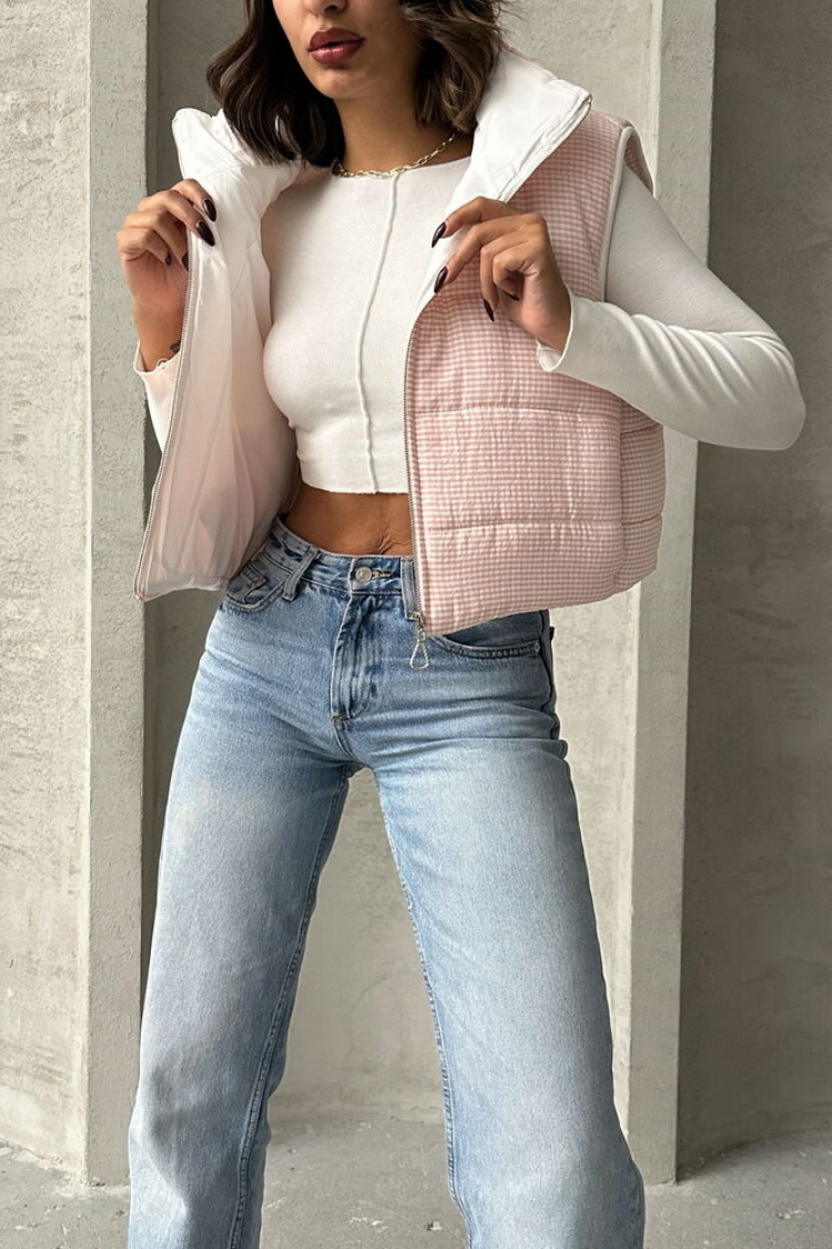 Gingham Pattern Fiber Puffer Vest - Light