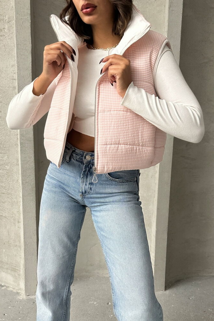 Gingham Pattern Fiber Puffer Vest - Light