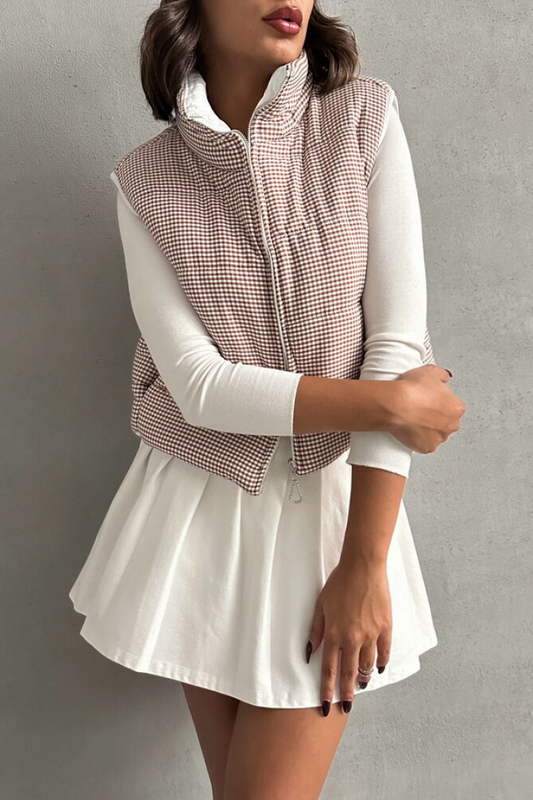 Gingham Pattern Fiber Puffer Vest