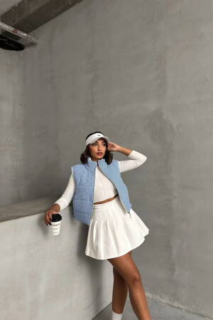 Gingham Pattern Fiber Puffer Vest - Blue - Topshow - Globality Store - Women Clothes Wholesale Turkey