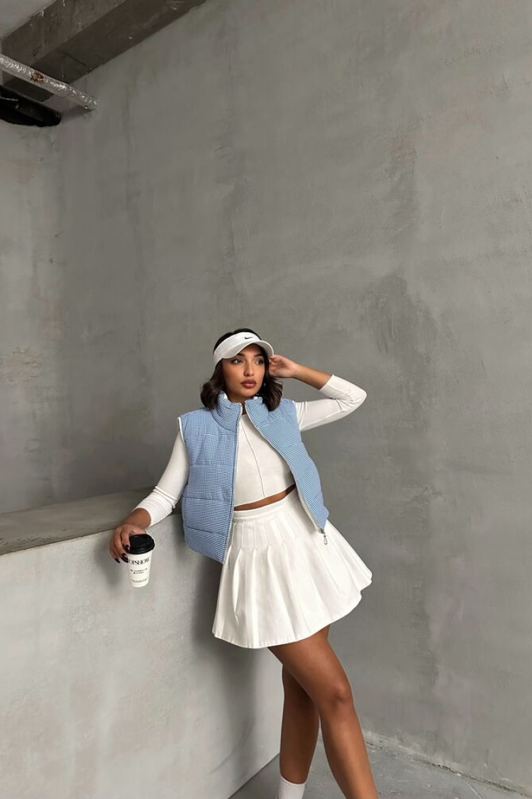 Gingham Pattern Fiber Puffer Vest - Blue