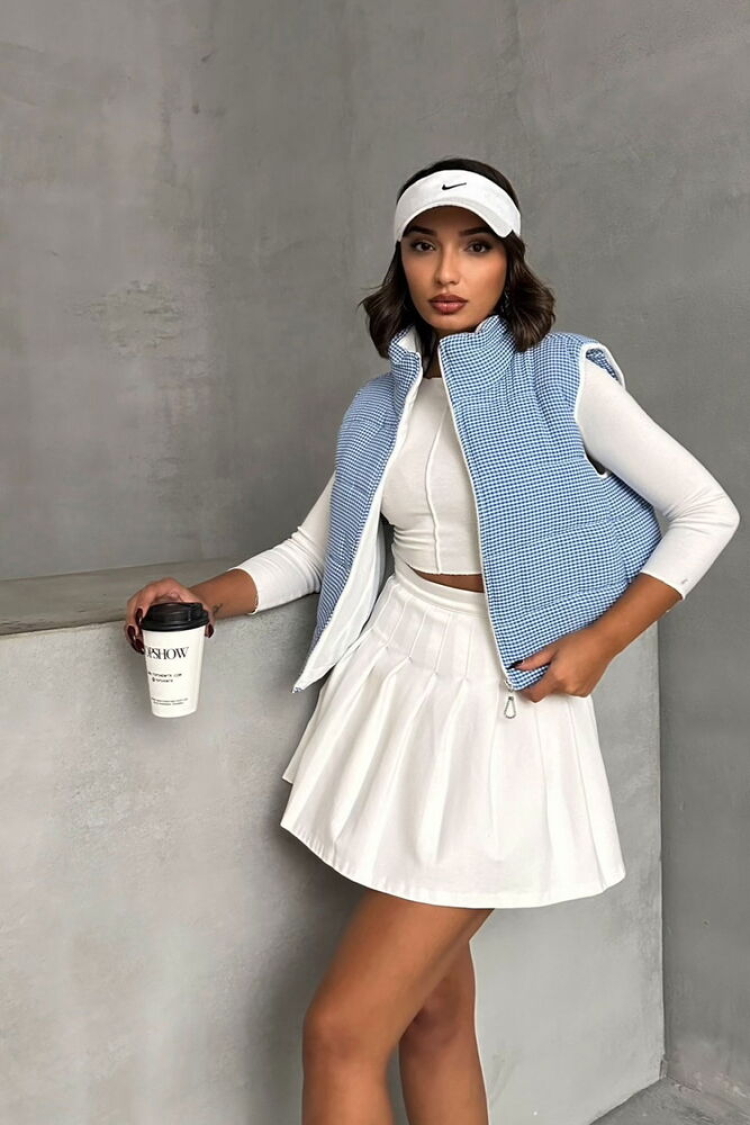 Gingham Pattern Fiber Puffer Vest - Blue - Topshow - Globality Store - Women Clothes Wholesale Turkey