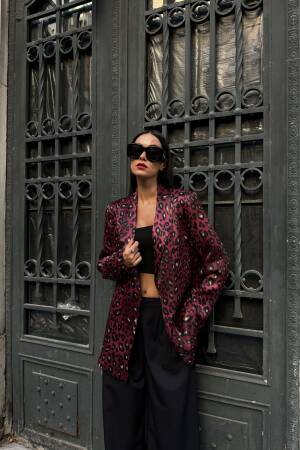 Burgundy Floss Satin Lined Leopard Patterned Jacket 28086 - First Angels - Globality Store - Women Clothes Wholesale Turkey