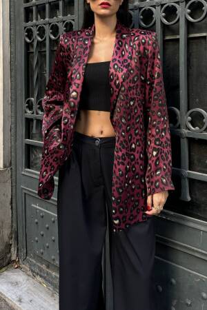 Burgundy Floss Satin Lined Leopard Patterned Jacket 28086 - First Angels - Globality Store - Women Clothes Wholesale Turkey
