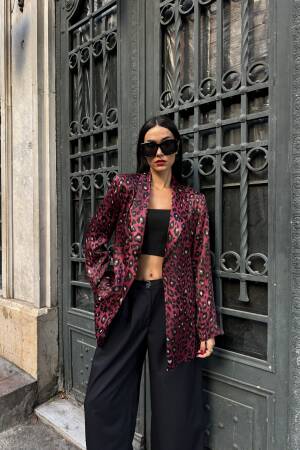Burgundy Floss Satin Lined Leopard Patterned Jacket 28086 - First Angels - Globality Store - Women Clothes Wholesale Turkey