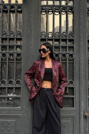 Burgundy Floss Satin Lined Leopard Patterned Jacket 28086 - First Angels - Globality Store - Women Clothes Wholesale Turkey