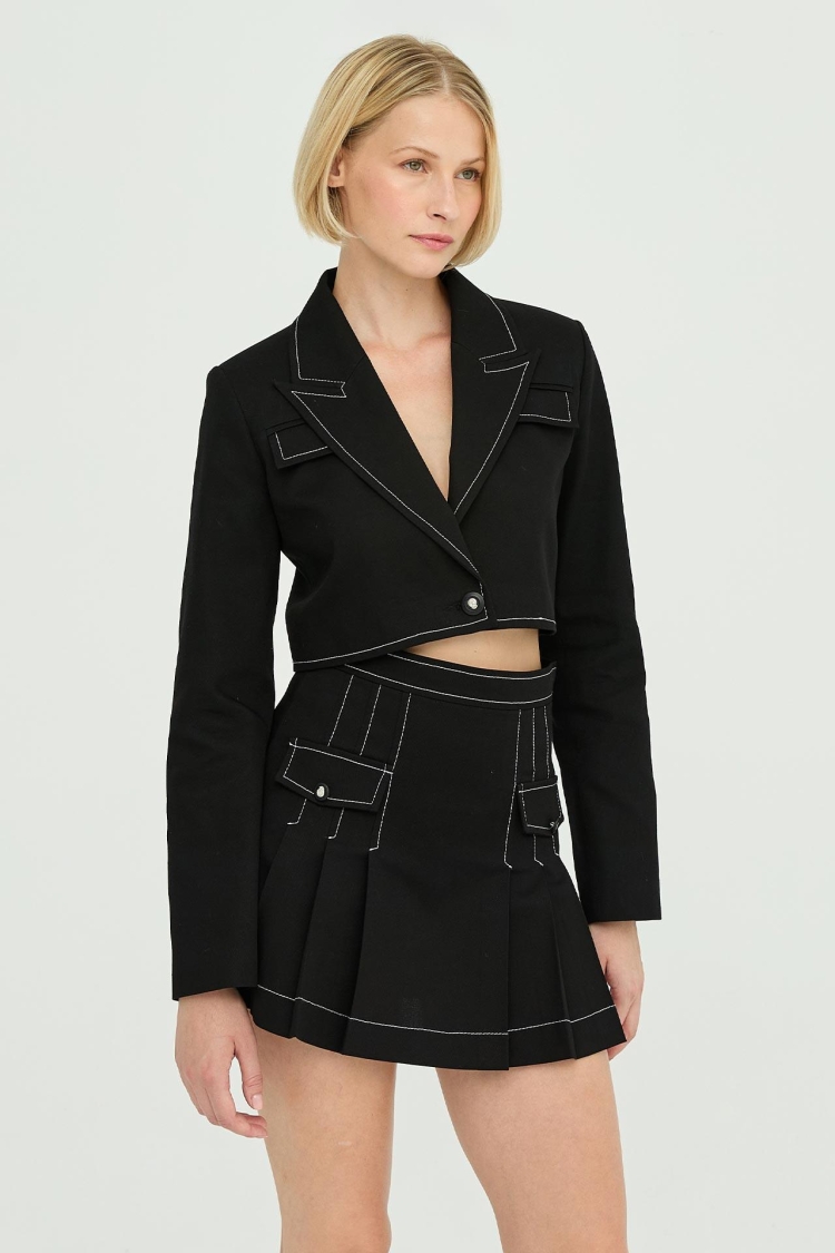 Gabardine Stitch Detail Crop Jacket Black