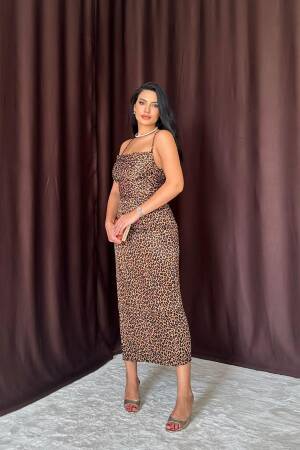 Leopard Patterned Satin Dress With Back Detail - Leopard - Elisa - Globality Store - Women Clothes Wholesale Turkey