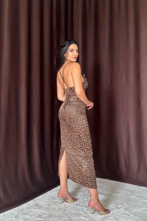 Leopard Patterned Satin Dress With Back Detail - Leopard - Elisa - Globality Store - Women Clothes Wholesale Turkey