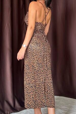 Leopard Patterned Satin Dress With Back Detail - Leopard - Elisa - Globality Store - Women Clothes Wholesale Turkey