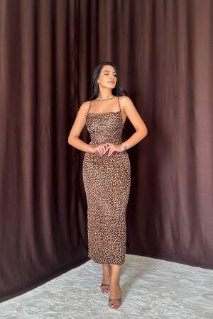 Leopard Patterned Satin Dress With Back Detail - Leopard - Elisa - Globality Store - Women Clothes Wholesale Turkey