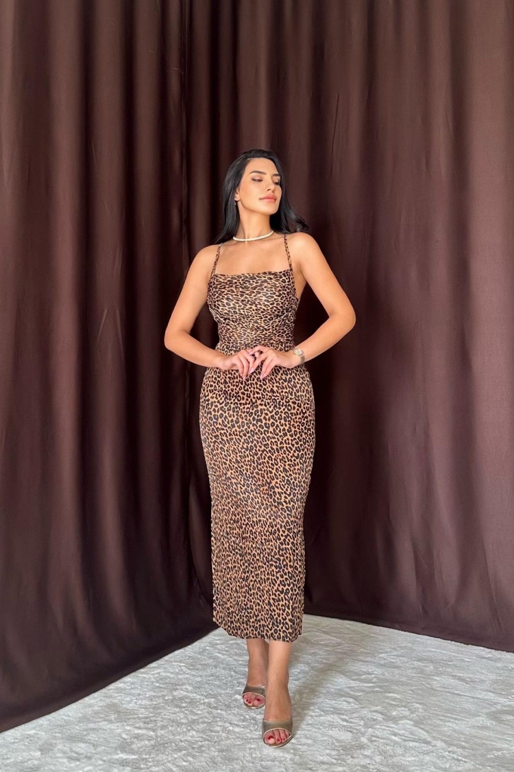 Leopard Patterned Satin Dress With Back Detail - Leopard - Elisa - Globality Store - Women Clothes Wholesale Turkey