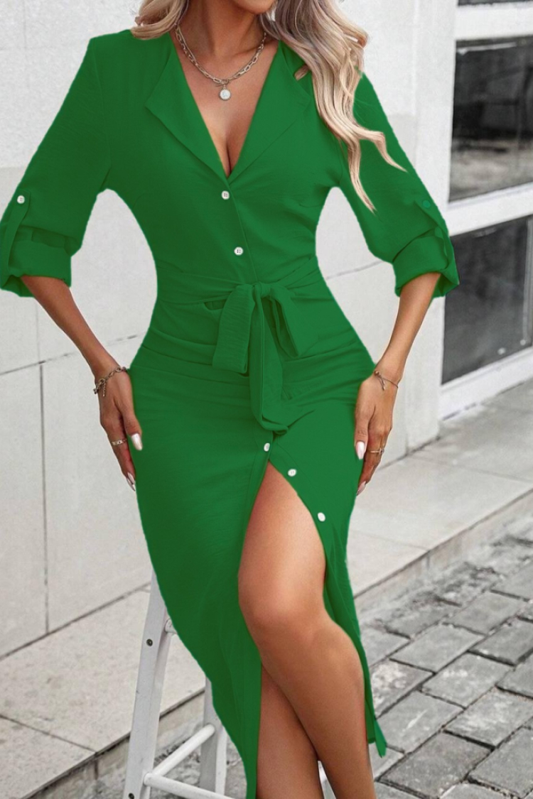 Women's Long Sleeve Front Buttoned Waist Belted Aerobin Midi Dress