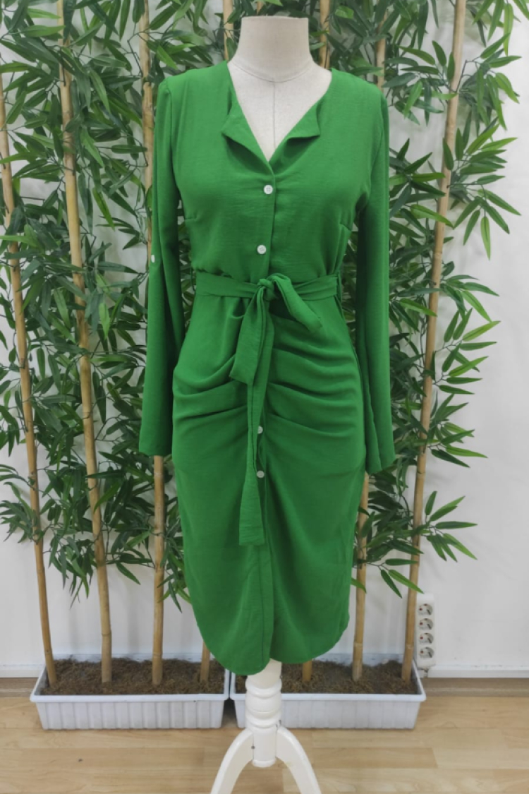 Women's Long Sleeve Front Buttoned Waist Belted Aerobin Midi Dress