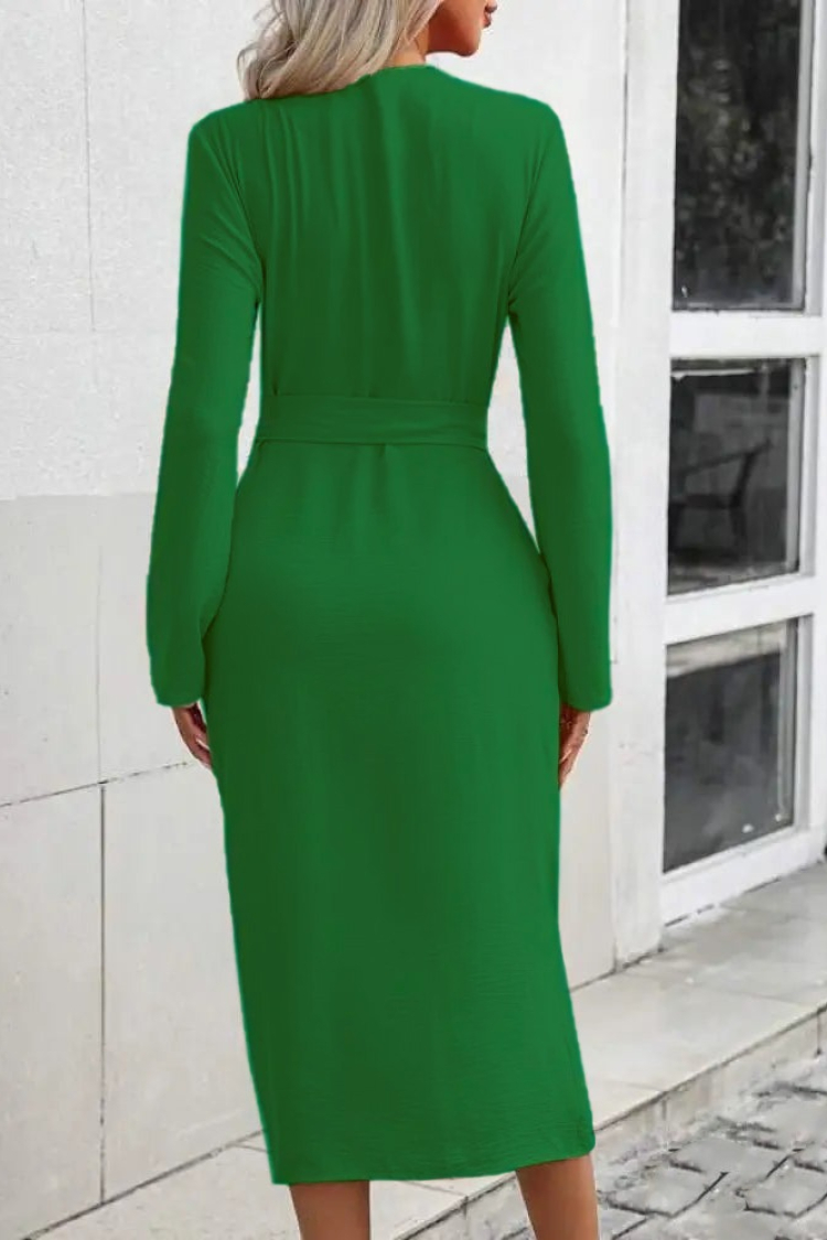 Women's Long Sleeve Front Buttoned Waist Belted Aerobin Midi Dress