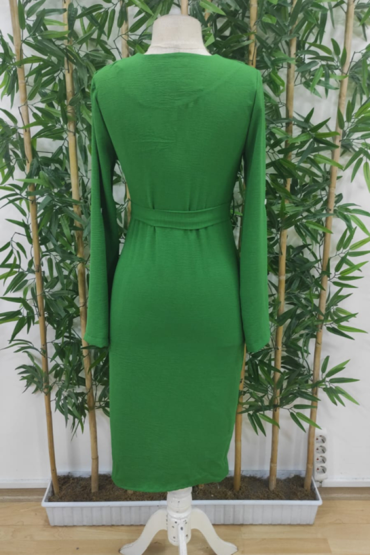Women's Long Sleeve Front Buttoned Waist Belted Aerobin Midi Dress