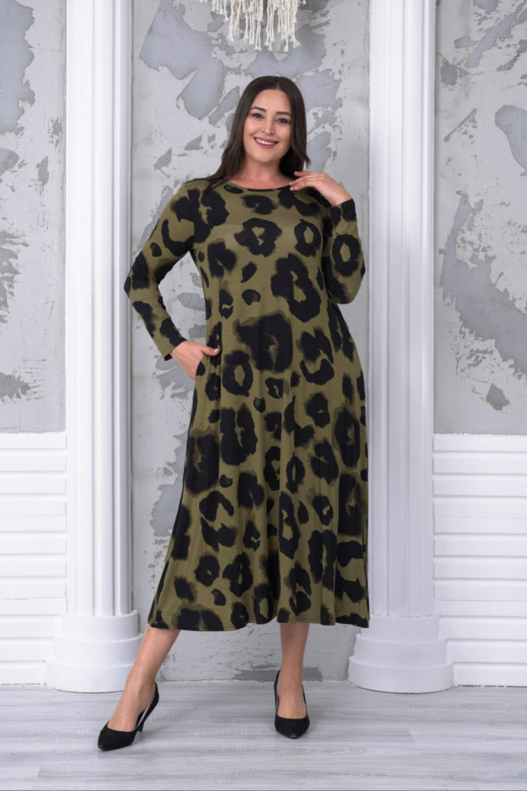 Patterned Plus Size Dress - Green - Mode Roy - Globality Store - Women Clothes Wholesale Turkey