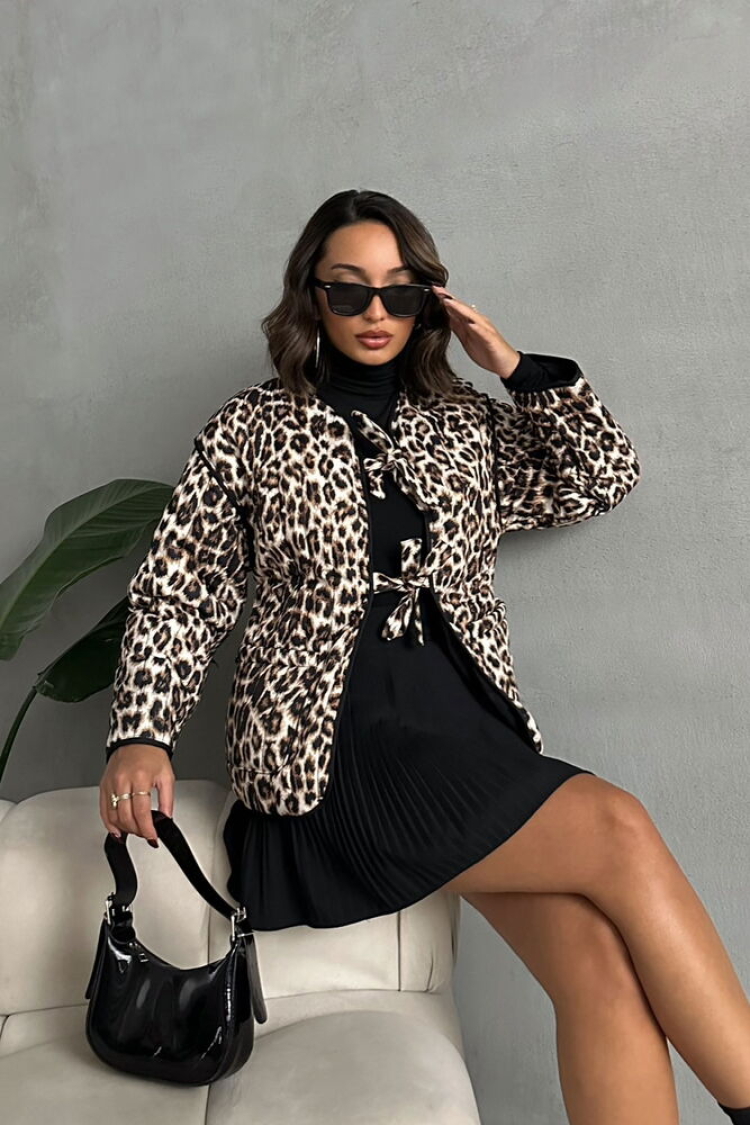 Leopard Patterned Quilted Front Tie Jacket - Topshow - Globality Store - Women Clothes Wholesale Turkey